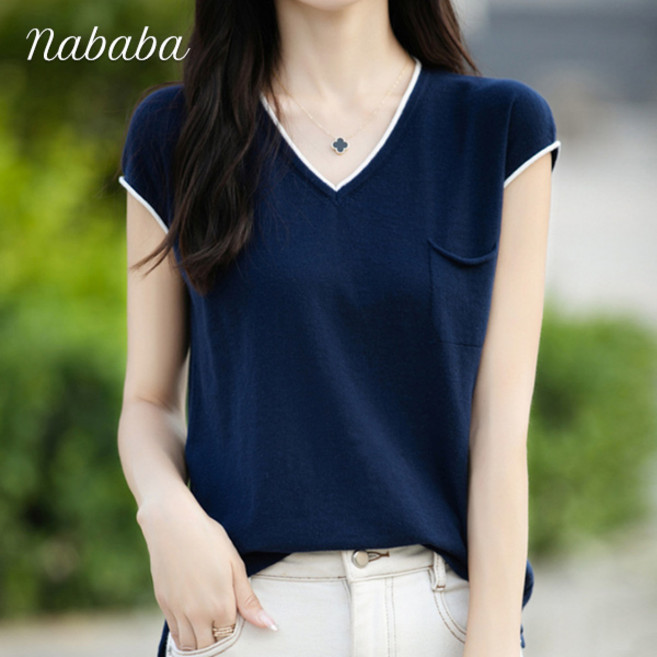 나바바 NK3023 여성 라인 포인트 브이넥 캡소매 니트티