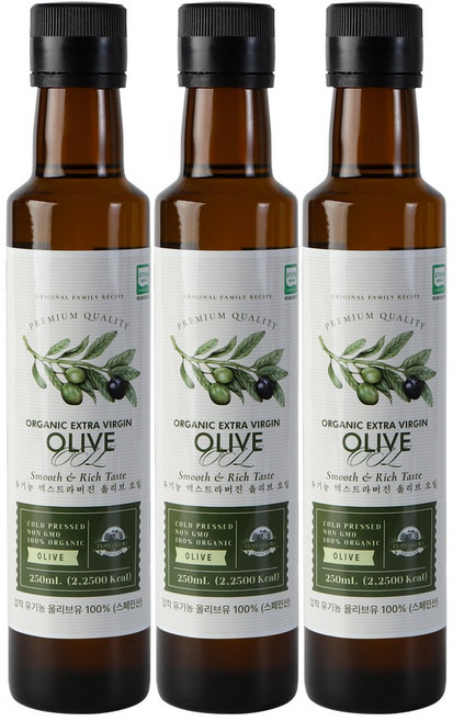 올리오리아 유기농 엑스트라버진 올리브오일 스페인산 피쿠알 PICUAL 냉압착, 3개, 250ml