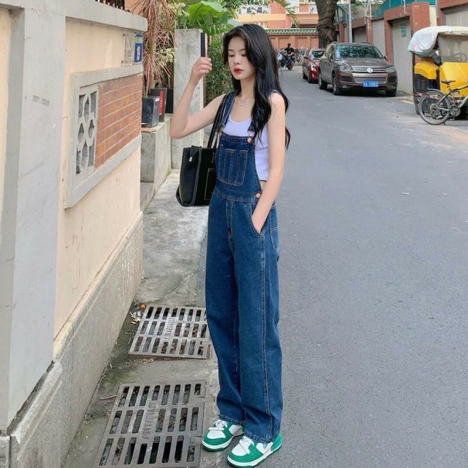 여성용 빅사이즈 데님 멜빵바지 캐주얼 와이드 팬츠 나시 청점프슈트