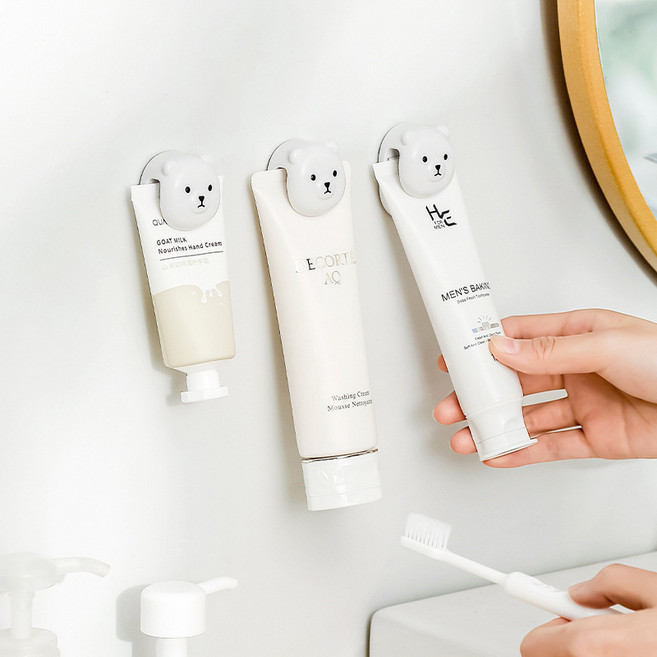 곰돌이 벽걸이 치약걸이 곰돌이 치약걸이 벽걸이 치약걸이 무타공 치약걸이 욕실 치약걸이 치약 정리함 치약 거치대 귀여운 치약걸이, 1개, 흰색