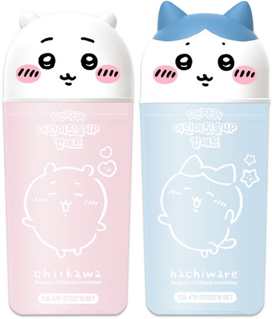 먼작귀 어린이칫솔4p 컵세트 2종, 1세트, 2개입, 핑크+블루