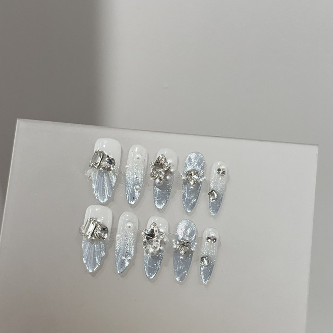 純手工穿戴甲高級感霧霾藍色貓眼長款高端美甲片魚尾鑽假指甲貼片, 1組, 229海洋之心-長尖橢圓:XS