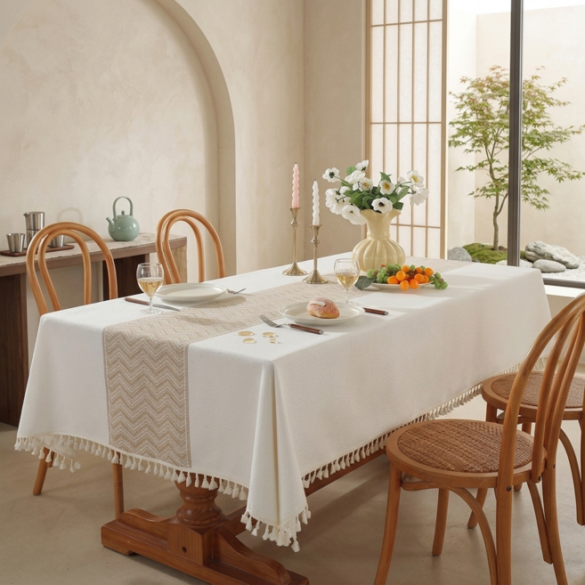 프리미엄 린넨 방수 방오 식탁보 4인 6인용 감성 레이스 프릴 방수 테이블보, 작은 물결 무늬, 140x220cm, 1개