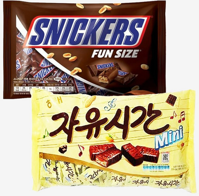 해태 미니자유시간 480g + 스니커즈 땅콩 펀사이즈 500g (스니커즈 160g추가증정), 1세트