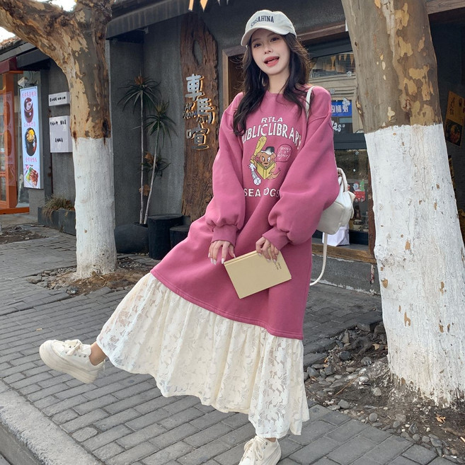 여성용 레이스 긴팔 맨투맨 스커트 기모 오버핏 롱티 원피스 1Q059