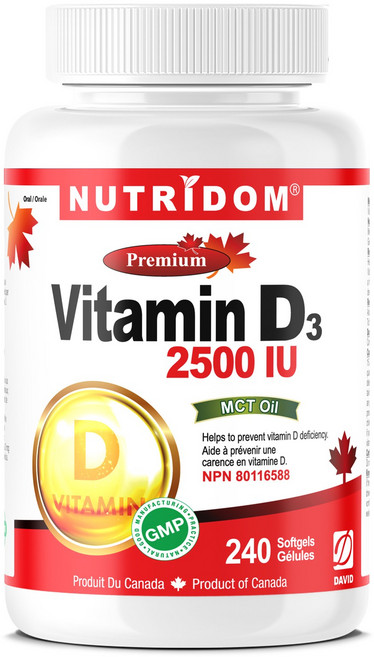 뉴트리돔 비타민 D3 2500IU MCT Oil 고함량 비타민디 결핍 보충제 액상 소프트젤 콜레칼시페롤 VITAMIN D3 캐나다 직구, 240정, 1개