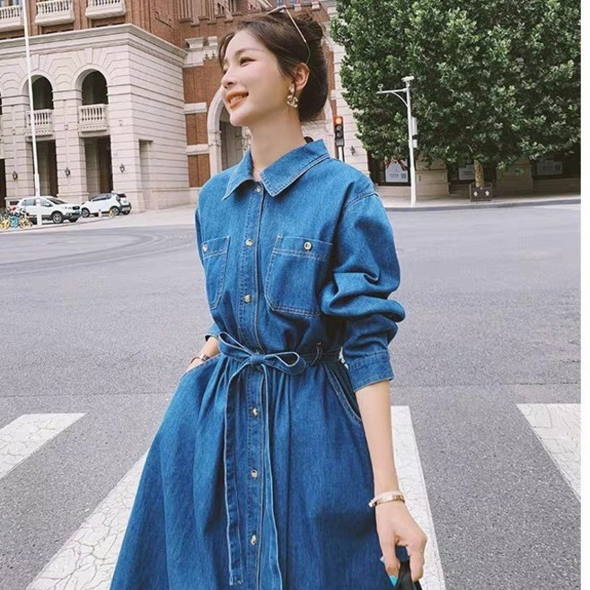 CHILL 韓系綁帶牛仔洋裝 A字顯瘦過膝長裙 大傘擺設計 深藍