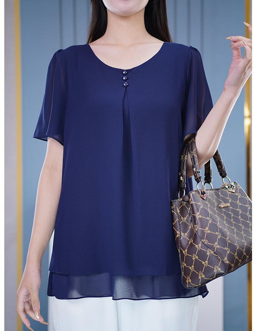 중년 여성 여름 쉬폰 셔츠 루즈핏 빅사이즈 쉬폰 블라우스 패션 엄마 반팔 티셔츠 YCY