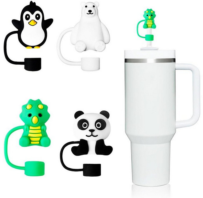 Stanley 텀블러와 호환되는 고양이 발바닥 빨대 커버 캡 6팩 (414~1.2L(14온스~40온스)) - Simple Modern 컵용 식품 등급 실리콘 빨대 토퍼 빨대, Animals-4pcs