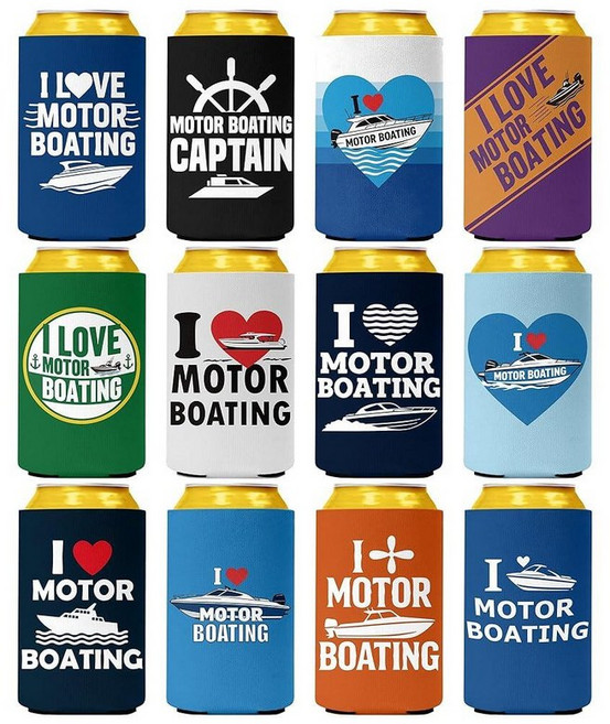 Pop Nordic "I Love Motor Boating" Can Cooler Sleeves 6 Pack - Neoprene Insulated Beer Soda Holders, Multicolor