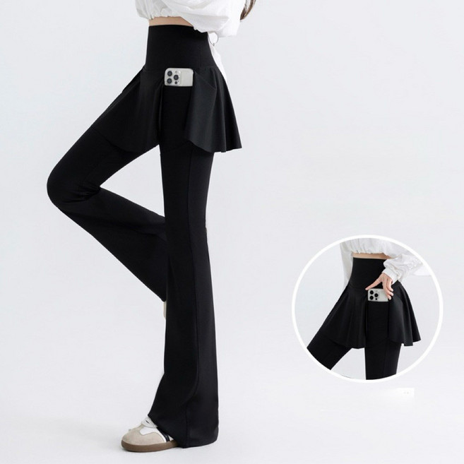 JINCHIDIE 假兩件高腰收腹微喇叭瑜珈褲 裙擺設計 高彈力顯瘦提臀運動長褲 隱藏側口袋