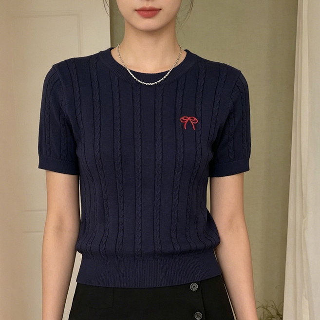 SOSISI 여성 케이블 반팔 니트 라운드 자수 여름 티 풀오버 43088