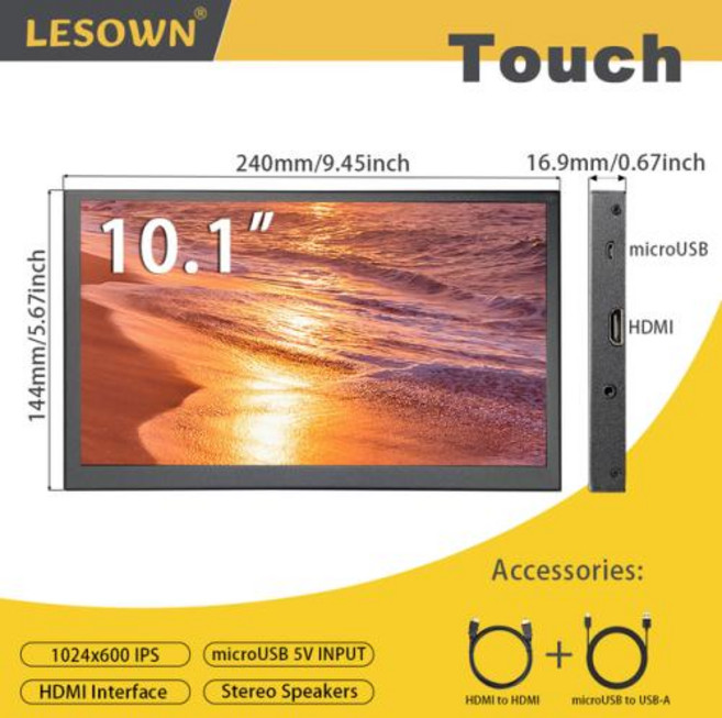 노트북듀얼모니터 보조모니터 LESOWN PC 라즈베리 파이용 휴대용 소형 스크린 정전식 터치 IPS 세컨드 미니 7 인치 디스플레이 1024x600 HDMI 101, 1) 10.1in Touch Monitor
