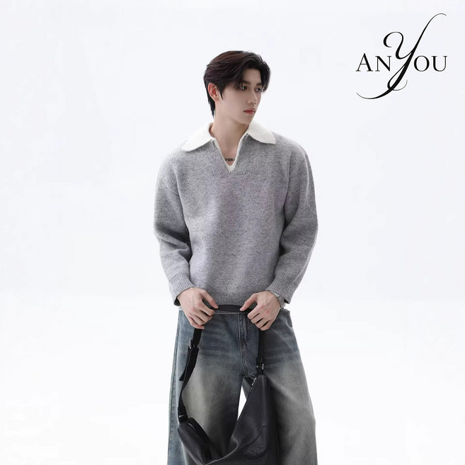 ANYOU 남성 니트 스웨터 V넥 보온 부드러운 편안한 봄가을 캐주얼 상의