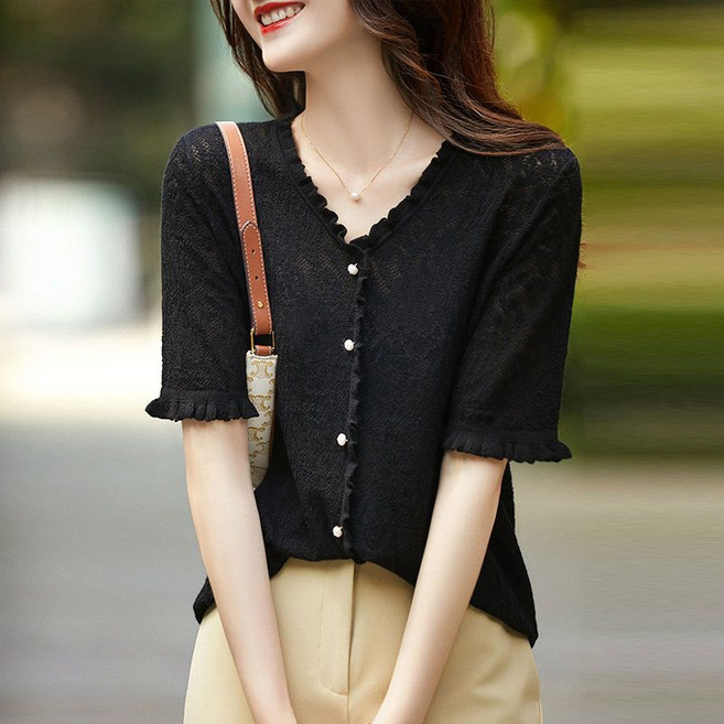 라오농 여성용 여름 빅사이즈 펀칭 아이스 반팔 티셔츠 루즈핏 브이넥 니트 가디건 2R407J