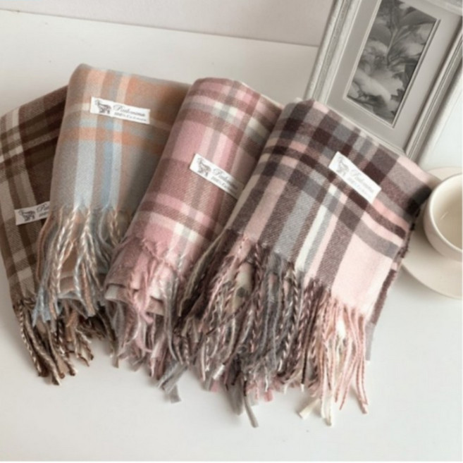 코지앤칠 부드러운 겨울 체크 울 캐시미어 목도리