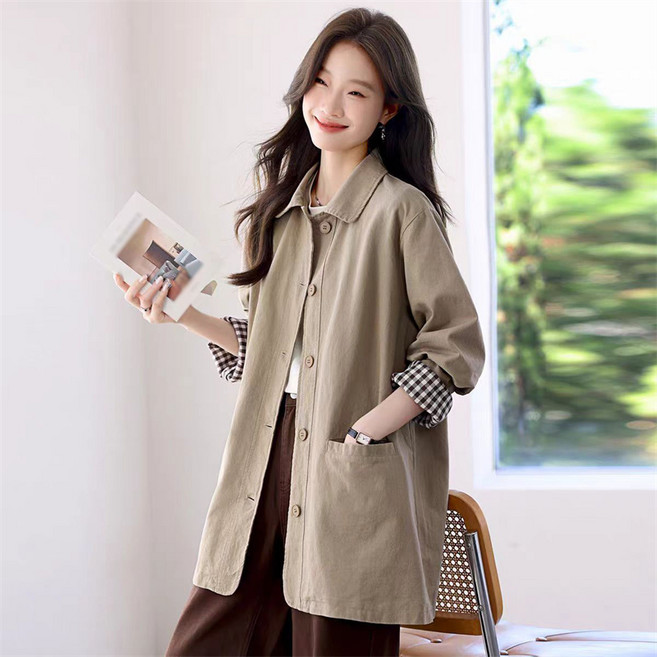 AOKADA 중년 여성 봄 가을 루즈핏 카라 하프 코트 체크 안감 트렌치 코트 아우터