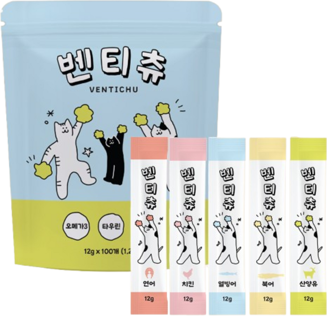벤티츄 짜먹는 고양이간식 대용량, 100개, 12g, 혼합맛(북어/산양유/열빙어/연어/치킨)