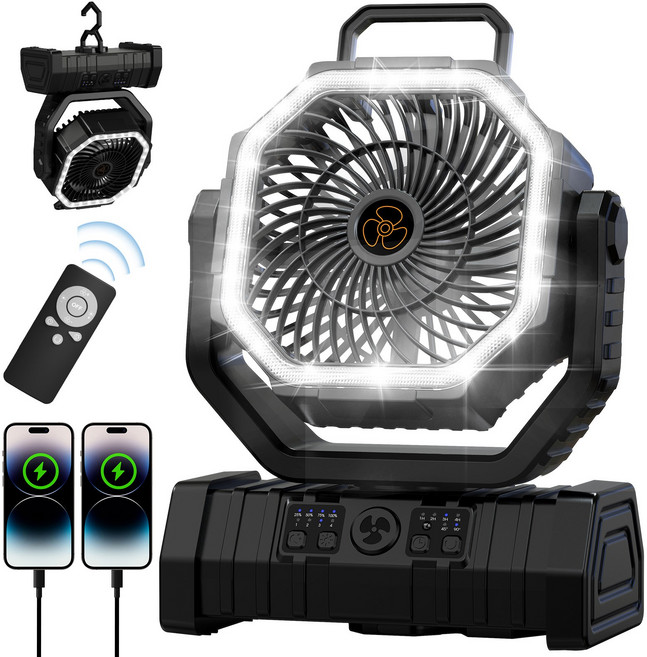 신맥스 F6 야외 캠핑용 무선 피크닉 선풍기 충전식 휴대용 20000mAh 초대용량 배터리 4단계 풍량 LED조명 무소음 탁상용 각도조절 차량용 자연재해 용품 행거식 에너지 절약, 블랙