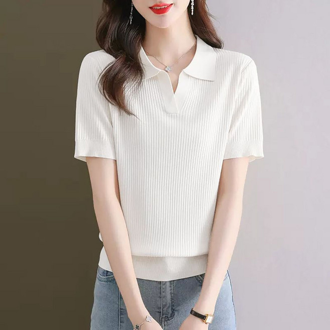 지고다그 여름 여성 니트 반팔 티셔츠 카라넥 슬림핏 골지 디자인 쿨링 소재 심플 스타일 ZXA0553