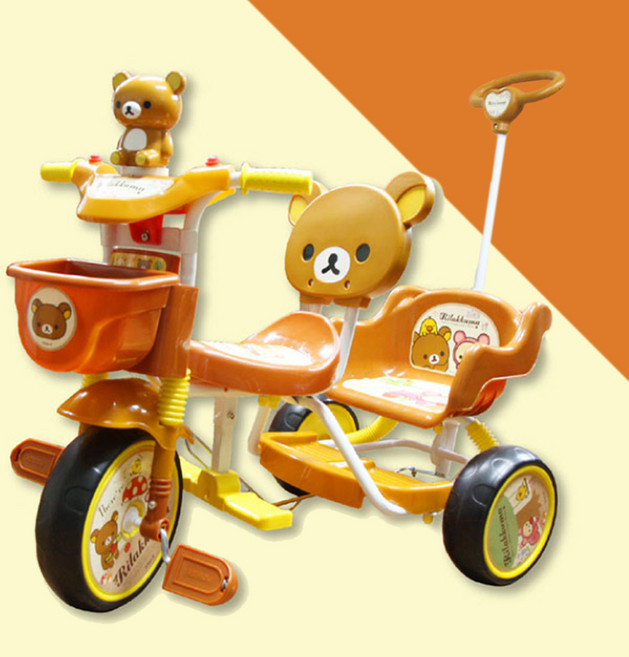 리락쿠마 멜로디 2인용 유아 세발 자전거 보조핸들 높이조절 보조발판 안전한 아기자전거, 리락쿠마 2인용 자전거(브라운색상), 1개