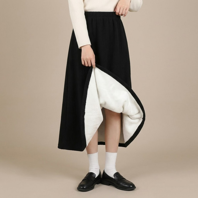 지디오 여성 기모 롱 밴딩 스커트 니트 치마 루즈핏 플레어 A라인 골지 털안감 따뜻한 여자 가을 겨울