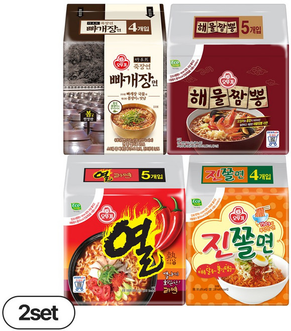 오뚜기 열라면 (120GX5) 2개+해물짬뽕 (120GX5) 2개+죽장연 빠개장면 (130GX4) 2개+진쫄면 (150GX4) 2개, 8팩