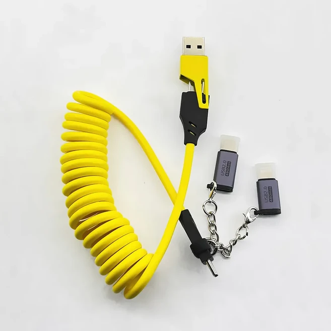 6in 1 PD USB-C 스프링 숏 충전 케이블 텔레스코픽 데이터 2 to 3 AC 타입 C마이크로 폰 삼성 맥북용, 01 6 in 1- Yellow