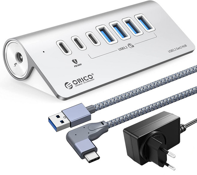 오리코 애플 맥북 프로 USB3.2 Gen2 10Gbps PD60W+유전원 알루미늄 7포트 USB허브 M3U4C3-G2, Silver, 1개