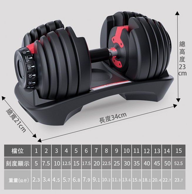 NEW LIFE Movement 可調節啞鈴 52.5磅/24KG 15檔自動調節 含底座, 1個, 單支-52.5磅（24kg）