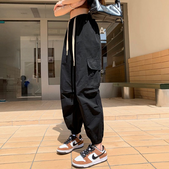 Makone 여성 카고바지 블랙 아웃포켓 슬랙스 캐주얼 9부 조거 팬츠