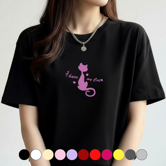 그리내 여성 라운드넥 여름 시원한 반팔티 러블리 캣 커플티 고양이 캐릭터 이너 홈웨어 프린팅 티셔츠