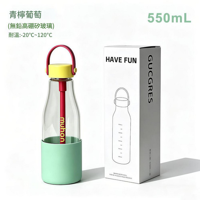 便攜提手刻度水杯 600ml 透明款, 檸檬桃心550ml 吸管, 1套, 600L
