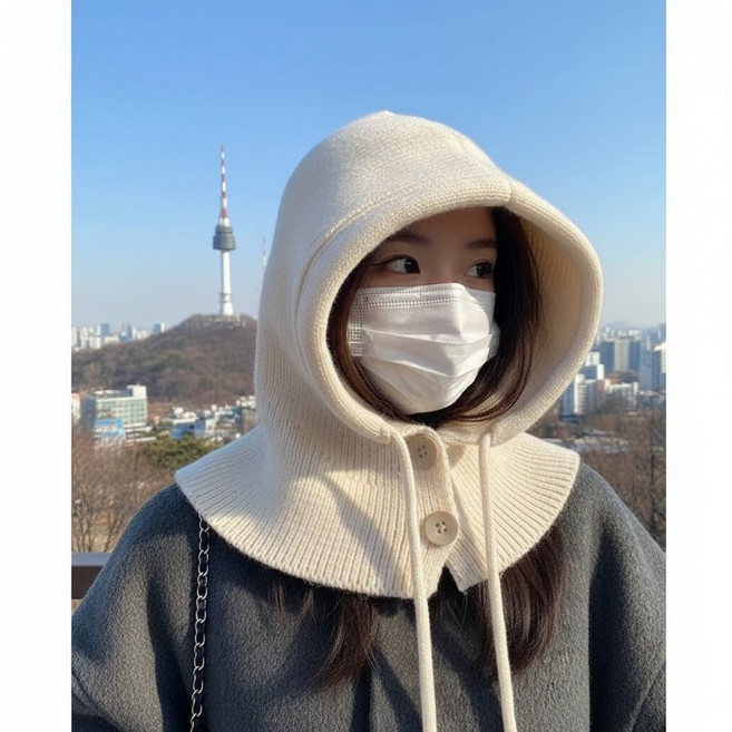 핸드라 니트 후드 바라클라바, 크림, 1개