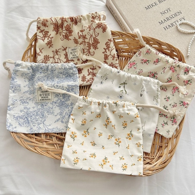 [보리별] 꽃무늬 스트링파우치 복조리 패브릭 이너백 생리대 복주머니 면 린넨 파우치백