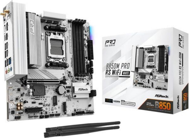 ASRock B850M Pro RS WiFi 화이트 AMD AM5 마이크로 ATX 마더보드 에디션 Ryzen 9000/8000/7000 시리즈 프로세서 지원 DDR5 80, Micro ATX, Pro Rs WiFi White