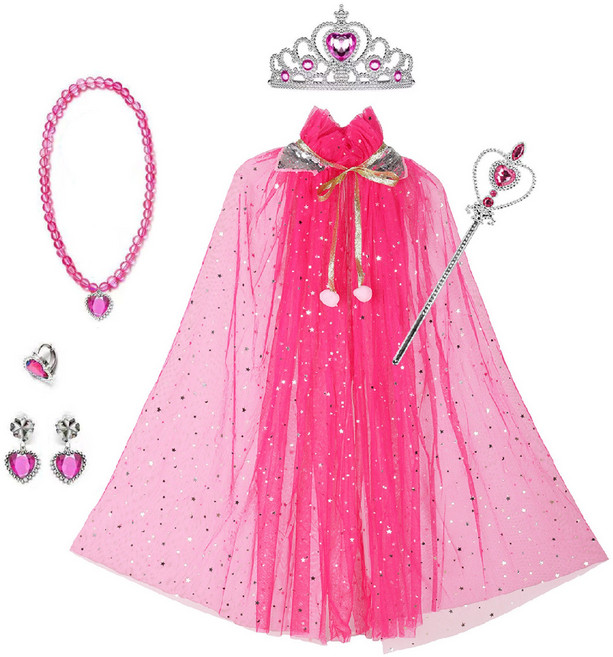 [청춘교복] 공주 생일 파티 용품 5종세트+망토 축하 브라이덜샤워 연말 선물 소품 프린세스 코스튬 주얼리 왕관 요술봉 목걸이 액세사리, 1개, 진핑크