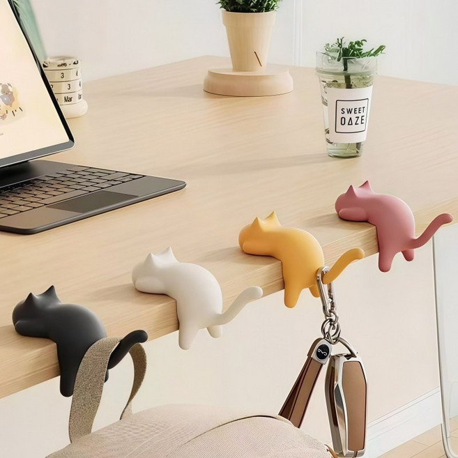 상덕 귀여운 고양이 접착식 책상 가방걸이 케이블 정리 홀더, 화이트, 4개