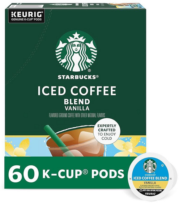 Starbucks K-Cup 커피 포드 아이스 커피 블렌드 큐리그 브루어용 바닐라 천연 맛 100% 아라비카 6박스 (총 60포드), Starbucks K-Cup 커피 포드, 아이스 커피