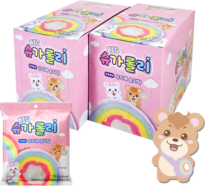 무지개 빅 슈가롤리 롤 한입 레인보우 솜사탕 간식, 10g, 20개
