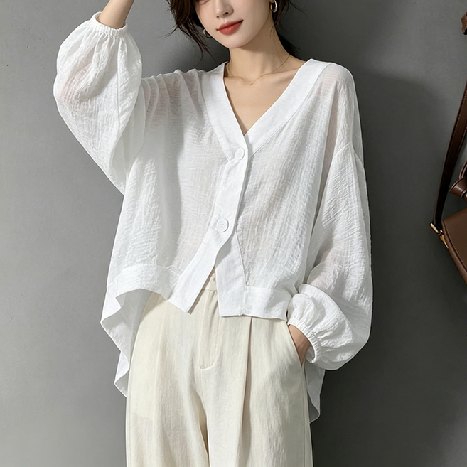 FANSYLI 여성 셔츠 루즈핏 브이넥 긴팔 블라우스 얇은 데일리 바람막이 아우터 심플 캐주얼 자외선차단 자켓 X2604A16