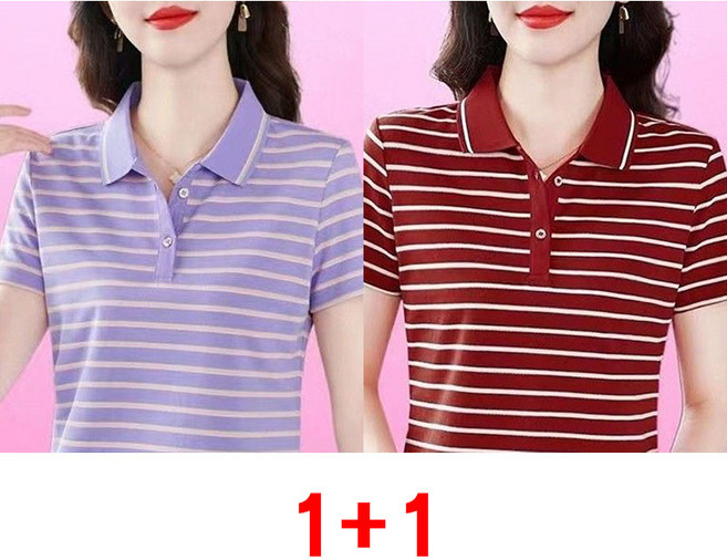 1+1 중년 여성 스트라이프 반팔 티셔츠 봄 여름 패션 줄무늬 반팔티 루즈핏 캐주얼 폴로넥 셔츠 WMY