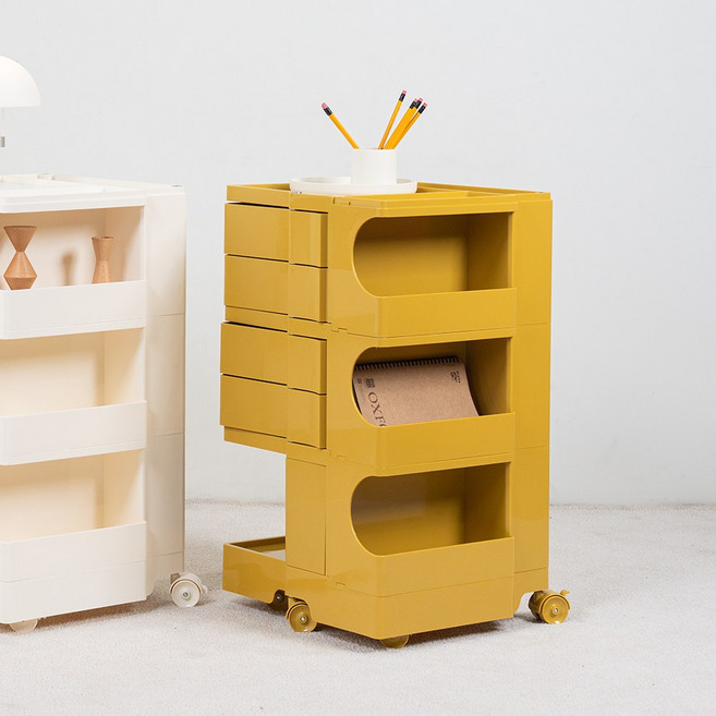 모비 회전 서랍 수납장 주방 웨건 비라인 4단 이동식 트롤리, 머스타드