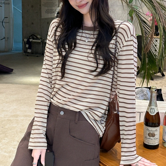 무니유유 텐셀원단 레트로 스트라이프 냉감 아이스 쿨 시스루 긴팔 티셔츠