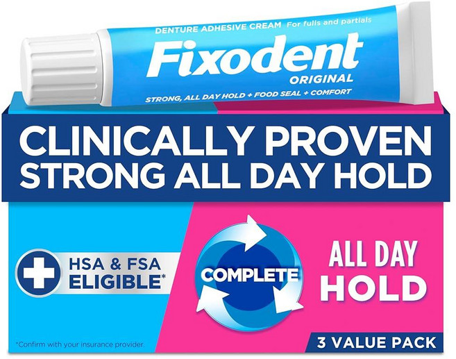 픽소덴트 오리지널 의치 틀니 접착제 크림 68g 4팩/ Fixodent Denture Adhesive Cream Original(2.4oz 4pk), 1세트, 3개입