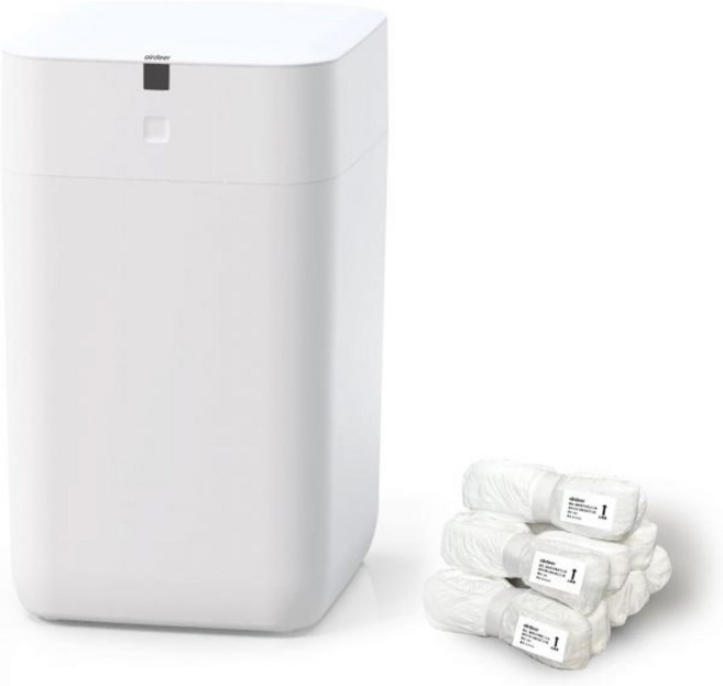 Airdeer 전자동 쓰레기통 자동 포장 개폐 15L 전동 센서가 달린 음식물 쓰레기 주방 기저귀 고양이 모래 어 음성 가이드 기능 화이트(본체 세트 + 보충용 링 6개), 화이트