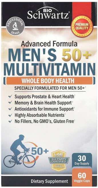 바이오슈워츠 남성용 50세 이상 종합 비타민 식물성 캡슐 60정 BTZ-11942, 1개, 1개 - 쿠팡
