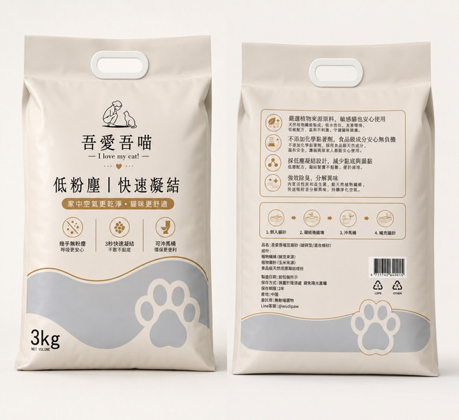 吾愛吾喵 低粉塵 快速凝結 貓砂 3kg, 2包, 無香