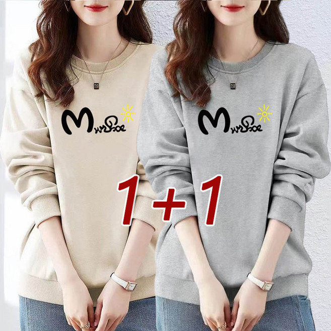 1+1 라운드넥 여성 맨투맨 티셔츠 캐주얼 와이드 티 봄 가을 이너티 빅사이즈 캐주얼 맨투맨 티 D99U