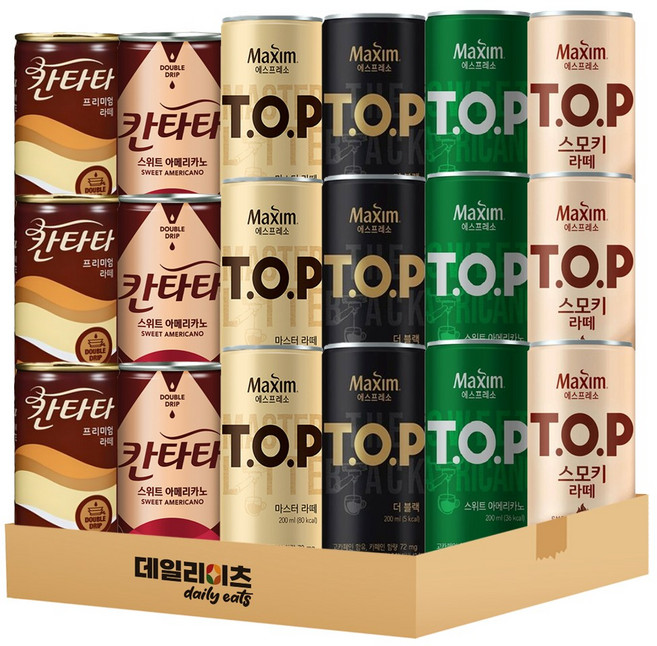 [데일리이츠] 프리미엄 캔커피 6종류 3캔씩 총 18캔 TOP 더블랙 스위트아메리카노 프리미엄라떼 스모키라떼 칸타타 프리미엄라떼 스위트아메리카노, 1세트, 200ml